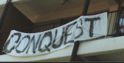 Banner hung from the Consuite in late '80s